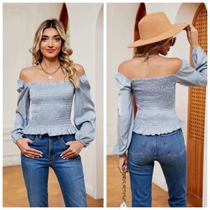 Women Puff Long Sleeve Square Neck Tops Off The Shoulder Floral Ladies T…